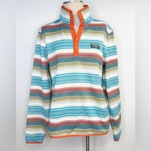 L.L. Bean‎ Sweater Fleece Pullover Striped Orange Snap Medium Slightly Fitted